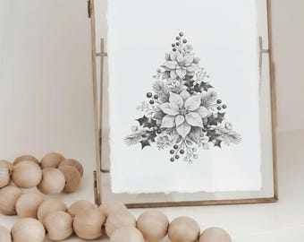 Floral Tree Foliage Art Print with Gold-Toned Glass Frame for Christmas