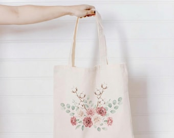 Tote Bags - Spring Cotton Bouquet | Valentine's Day Gift, Spring Cotton Bouquet Tote Bag, Watercolor Tote Bag, Gift For Her Tote Bag