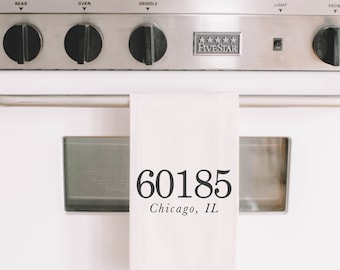 Tea Towel - Personalized Zip Code - Made in USA, housewarming gift, wedding favor, kitchen decor, anniversary present, calligraphy design