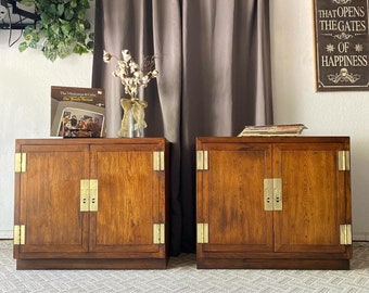 A Pair of Mid-Century Vintage Henredon Scene I Campaign Credenzas/Side Tables