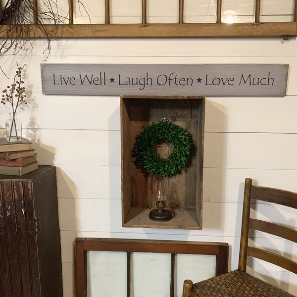 S 109 Wooden Handmade Long Sign. Live Well Laugh Often Love Much. 44 x 5 1/2 x 3/4. Wonderful Sentiment. Kitchen,  Family. Home Decor