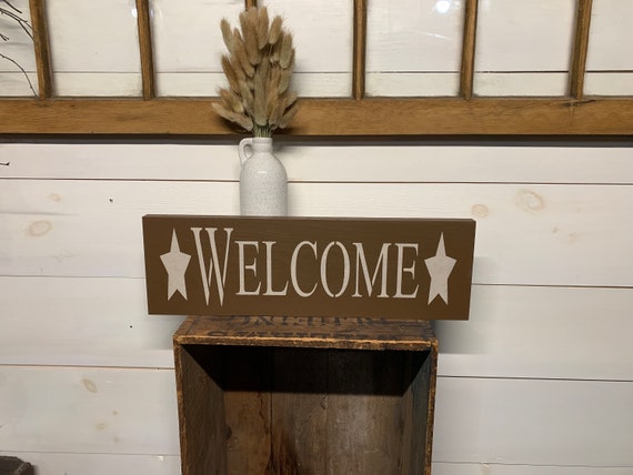 S 715 Sign, Wood, Handmade  "WELCOME (with stars)". 18 x 5 1/2 x 3/4. Gathering, together, wall decor, Memories, Come on in,enjo