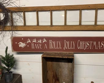 Handmade Holly Jolly Christmas Wooden Sign, Distressed Finish (44" x 7.5")