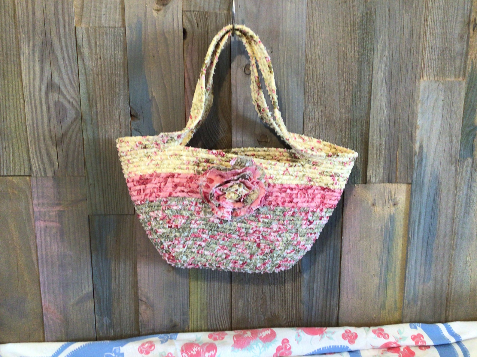 Coiled Rope Handbag Purse. Yellow Pink and Green Shabby Etsy