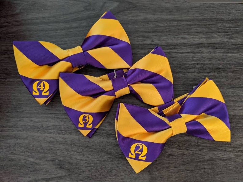 Striped Omega Pre-Tied Bow Tie inspired by Omega Psi Phi Fraternity, Inc 1911 image 3