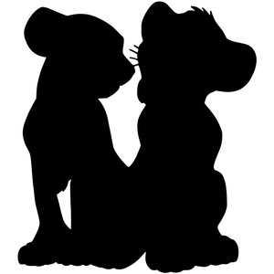 May include: Black silhouette of two lion cubs nuzzling each other.