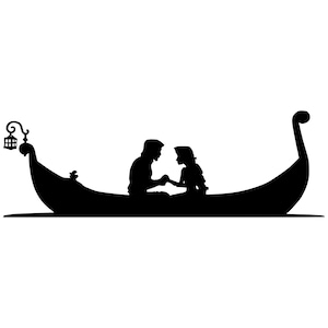 May include: A black silhouette of a couple in a gondola. The couple is holding hands and looking at each other. The gondola has a lantern on the front.