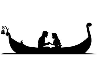 May include: A black silhouette of a couple in a gondola. The couple are holding hands and looking at each other. The gondola has a lantern at the front.