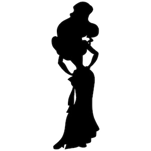 May include: Silhouette of a woman in a long dress with a large, elaborate hairstyle. The woman is standing with her back to the viewer, her arms crossed in front of her.
