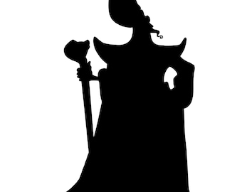 May include: Silhouette of a wizard wearing a pointed hat and robe, holding a staff. The wizard is standing with one hand on the staff and the other hand on their hip.