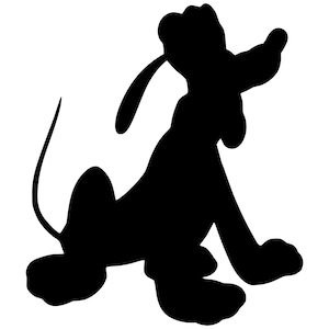 May include: Black silhouette of a cartoon dog sitting with its tail curled up and its head tilted to the side.