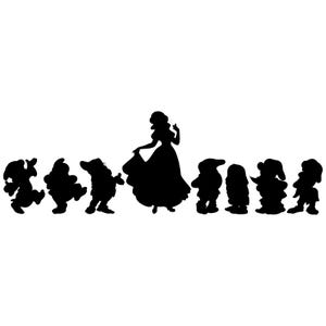 May include: Black silhouette of Snow White and the Seven Dwarfs. Snow White is in the center, wearing a dress and facing the left. The seven dwarfs are lined up in a row, facing the right.