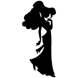 May include: A black silhouette of a woman in a long gown with flowing hair. The woman is posed with one hand near her face and the other at her side, creating a graceful and elegant image.
