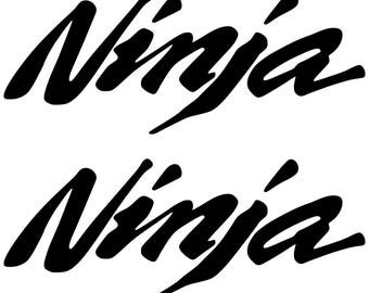 May include: Two black and white stylized "Ninja" logos. The logos are written in a bold, cursive font.