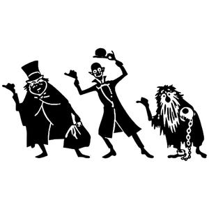 May include: Black and white silhouette illustration of three ghosts. The ghosts are wearing different costumes, including a top hat, a coat, and a long beard. The ghosts are all in a playful pose.