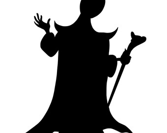 May include: Silhouette of a person in a long robe, holding a staff with a curved top. The person is facing to the right and has their arm raised, as if gesturing.