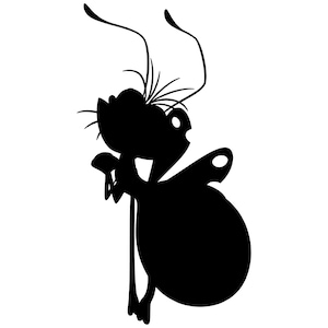 May include: Black silhouette of a cartoon insect with long antennae and a large, round body.