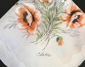 Vintage COLETTE Hanky, Vintage Silk Screen Hankie, Lovely Bouquet of Orange White Flowers with Green Stems