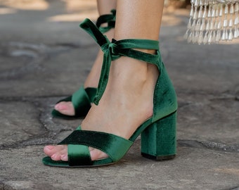 EMERALD GREEN HEELS, Green Wedding Shoes, Mid Block Heels, Green Bridal Shoes, Forest Green Shoes, Velvet Wedding Heels