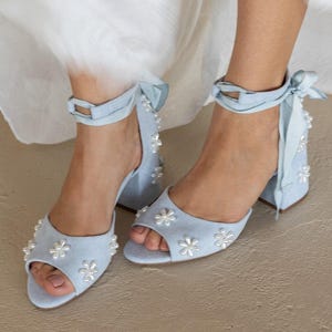 Blue Bridal Shoes With Handmade Embroidered Flowers, Something Blue shoes, Low Heel Wedding Shoes, Melody Blue Low block heels