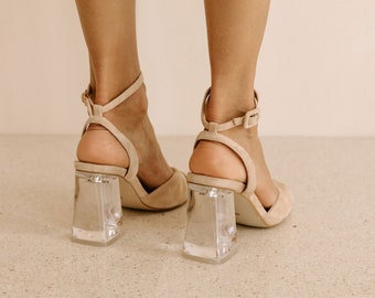 Nude suede sandals, clear heels, perspex heel bridal shoes, clear nude heels for weddings, bridesmaid shoes, party shoes. FINAL SALE