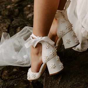 Pearl Flower Bridal Shoes, Low Block Heels, Pearl Wedding Shoes With Ribbon Ties, Pearl Peep Toes, Beaded Pearl Shoes, Ivory Wedding Heels image 2