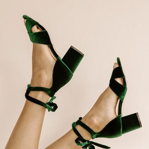 Emerald green wedding shoes, low heel bridal shoes, velvet wedding shoes, green wedding shoes, forest green bridal shoes image 2