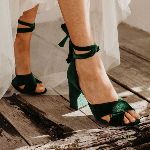 Emerald Green Wedding Shoes, Green heels, Block Heel Shoes, Green Bridal Shoes, Forest Green Shoes, Velvet Wedding Shoes, Emerald Heels