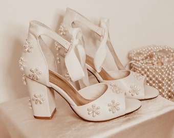 Pearl Flower Bridal Shoes, Pearl Wedding Shoes With Ribbon Ties, Pearl Peep Toes, Beaded Pearl Shoes, Block Heel Shoes, Ivory Wedding Heels