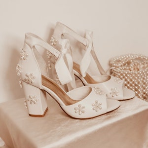 Pearl Flower Bridal Shoes, Pearl Wedding Shoes With Ribbon Ties, Pearl Peep Toes, Beaded Pearl Shoes, Block Heel Shoes, Ivory Wedding Heels