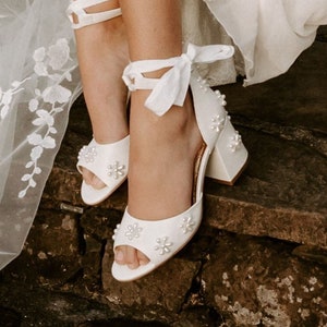 Pearl Flower Bridal Shoes, Low Block Heels, Pearl Wedding Shoes With Ribbon Ties, Pearl Peep Toes, Beaded Pearl Shoes, Ivory Wedding Heels