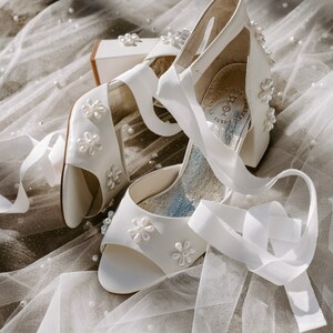 Pearl Flower Bridal Shoes, Low Block Heels, Pearl Wedding Shoes With Ribbon Ties, Pearl Peep Toes, Beaded Pearl Shoes, Ivory Wedding Heels image 4