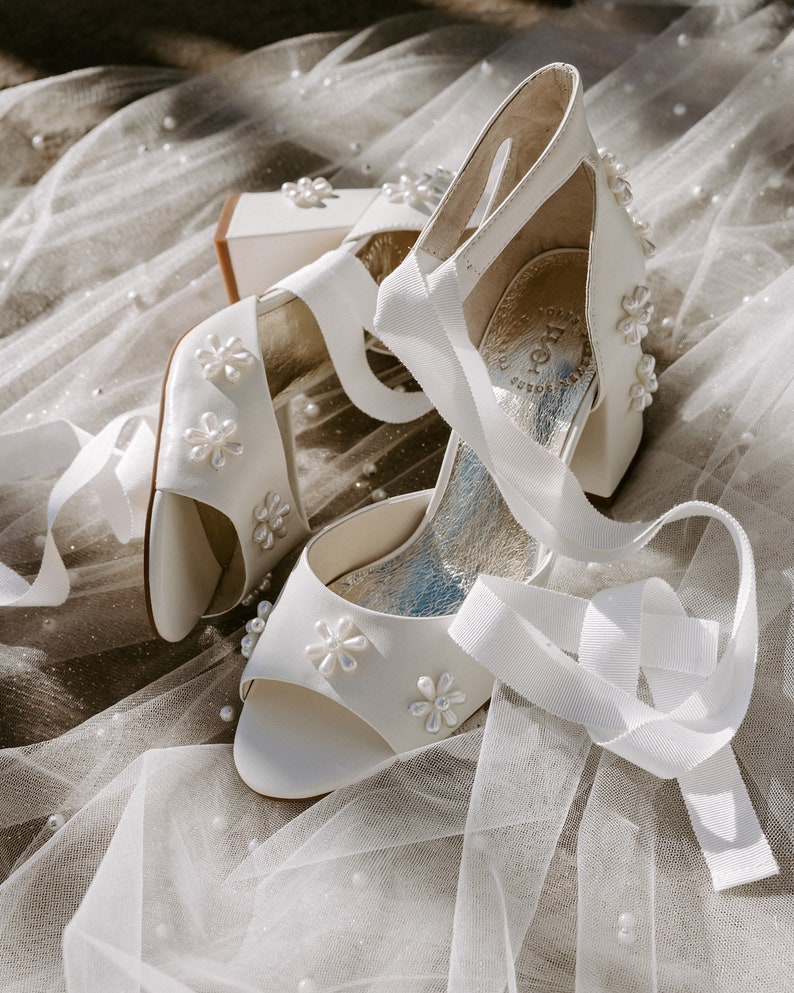 Pearl Flower Bridal Shoes, Low Block Heels, Pearl Wedding Shoes With Ribbon Ties, Pearl Peep Toes, Beaded Pearl Shoes, Ivory Wedding Heels image 4