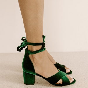 Emerald green wedding shoes, low heel bridal shoes, velvet wedding shoes, green wedding shoes, forest green bridal shoes image 4