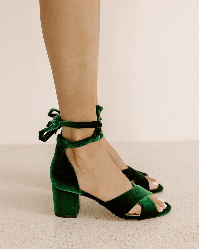 Emerald green wedding shoes, low heel bridal shoes, velvet wedding shoes, green wedding shoes, forest green bridal shoes image 4