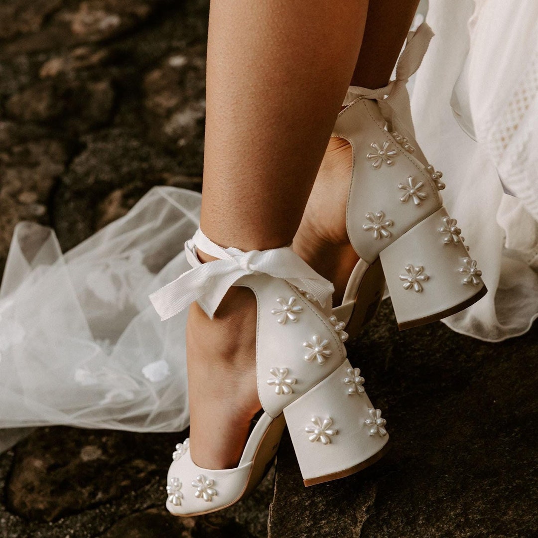 Ivory Leather Bridal Shoes With Low Block Heels and Hand Embroidered Pearl Flowers Etsy Canada