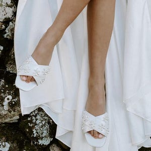 Flat Leather Wedding Sandals with Pearl flowers, bridal shoes with hand sewn details. Bloom Flats. Final Sale.