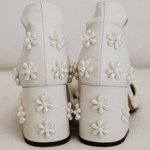Pearl Flower Bridal Shoes, Low Block Heels, Pearl Wedding Shoes With Ribbon Ties, Pearl Peep Toes, Beaded Pearl Shoes, Ivory Wedding Heels image 7