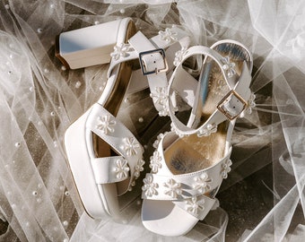 Pearl Flower Platform, Ivory platform heels, platform wedding shoes, pearl flower heels, ivory platform sandals for wedding day for bride.