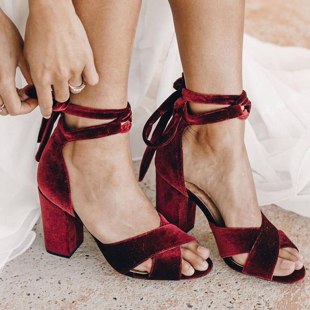 Red Velvet Red Low Block Heel Shoes Red Wedding Shoes Ruby Velvet
