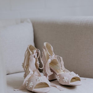 Block Heel Bridal Shoes, Pearl Wedding Shoes, Pearl Flower Bridal Shoes, Pearl Flower Block Heels Shoes, Low Heel Bridal Shoes, comfortable image 5