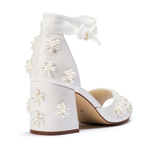 Pearl Flower Bridal Shoes, Low Block Heels, Pearl Wedding Shoes With Ribbon Ties, Pearl Peep Toes, Beaded Pearl Shoes, Ivory Wedding Heels image 9