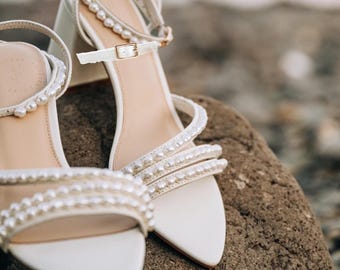 Ivory Pearl Wedding Sandals, Low Block Heel Bridal Shoes