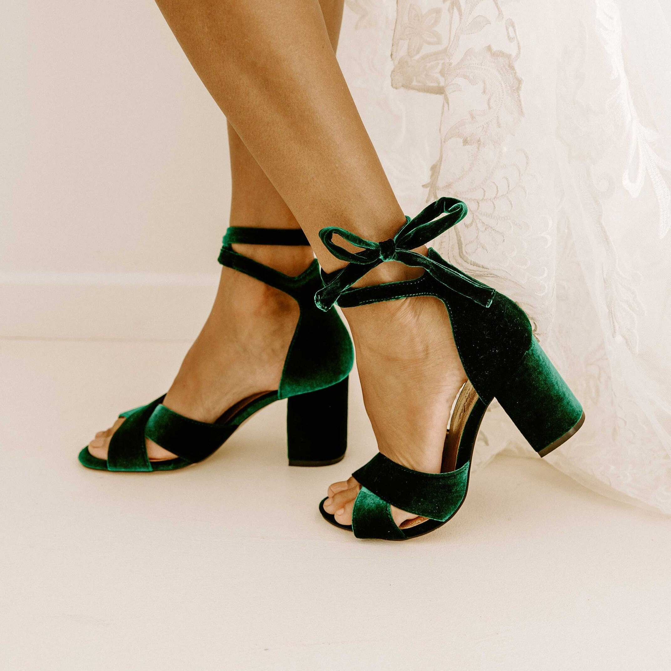 Perfect Bridal Andrea Forest Green Suede Block Heel Ankle Strap Sandal