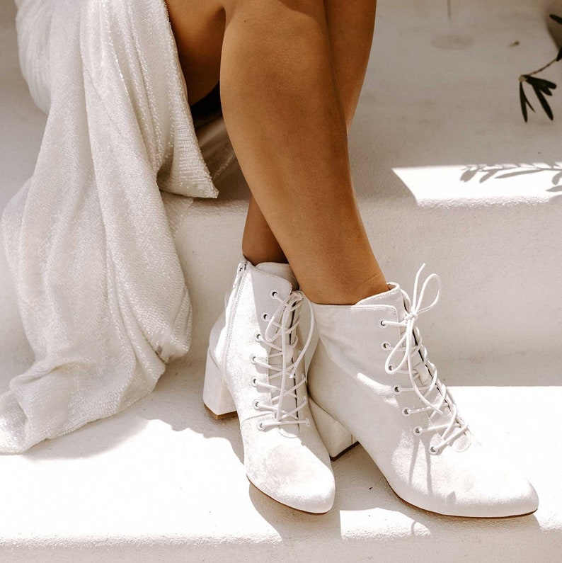 Ivory Velvet Wedding Boots, Ankle boots, wedding booties, lace up wedding boots, winter wedding, velvet boots, white boots, bridal boots image 4