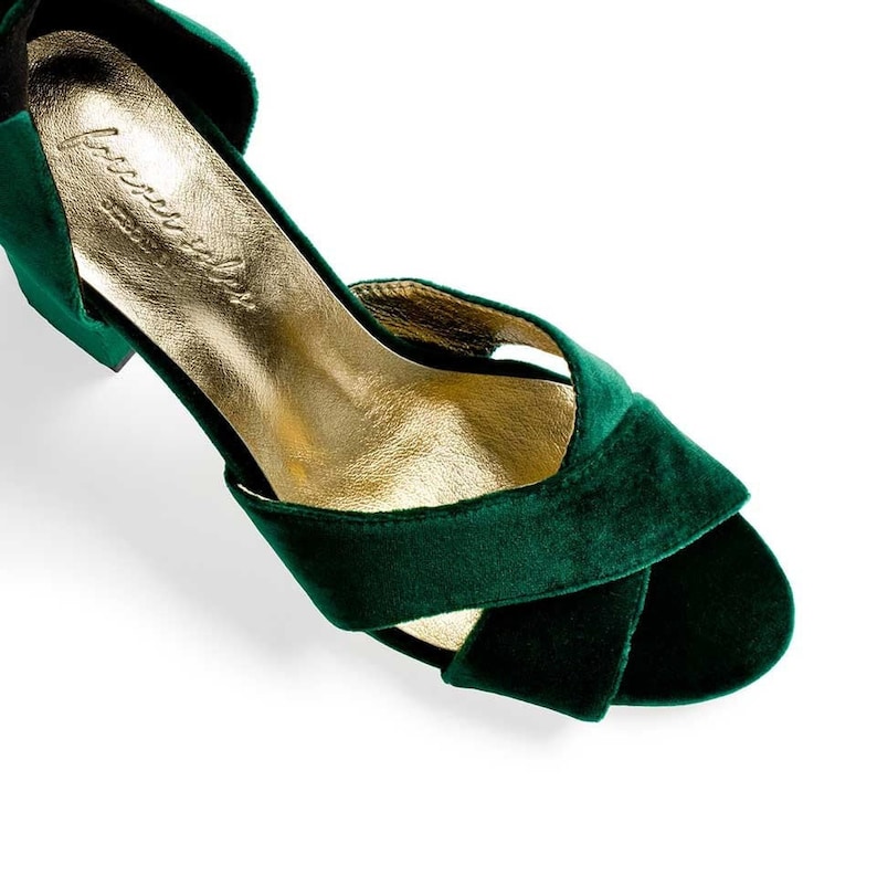 Emerald green wedding shoes, low heel bridal shoes, velvet wedding shoes, green wedding shoes, forest green bridal shoes image 10