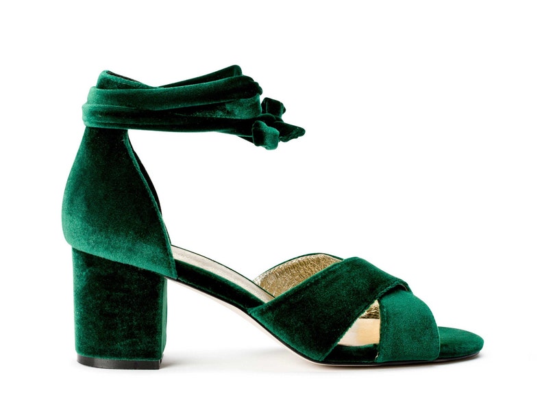 Emerald green wedding shoes, low heel bridal shoes, velvet wedding shoes, green wedding shoes, forest green bridal shoes image 6