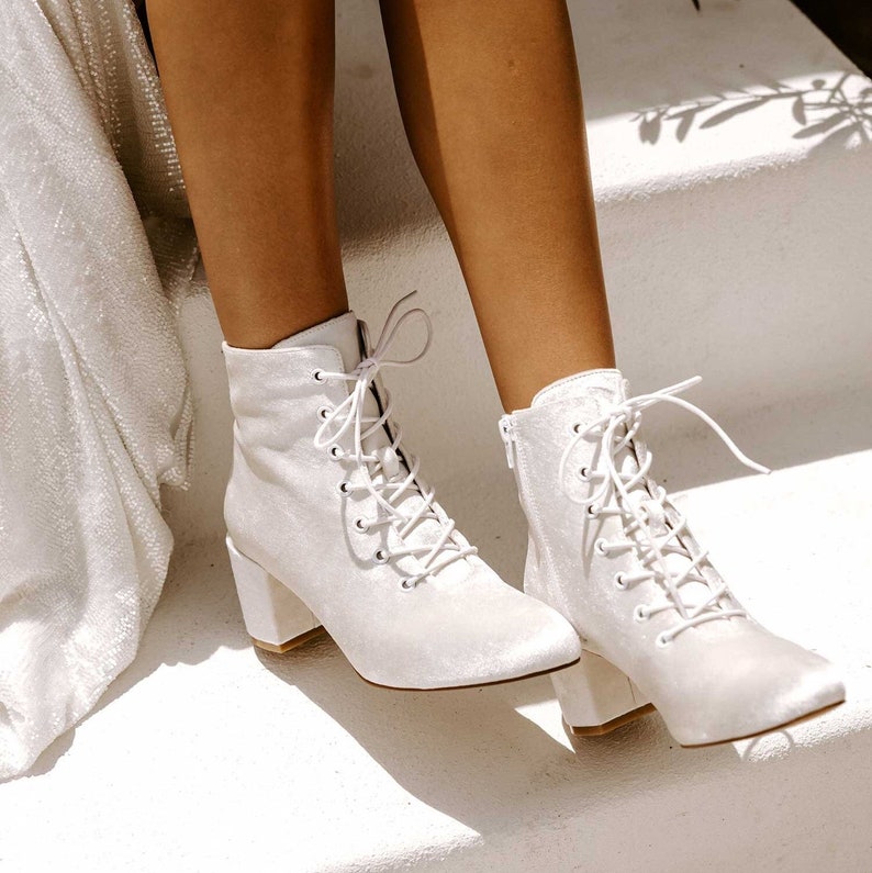 Ivory Velvet Wedding Boots, Ankle boots, wedding booties, lace up wedding boots, winter wedding, velvet boots, white boots, bridal boots image 1