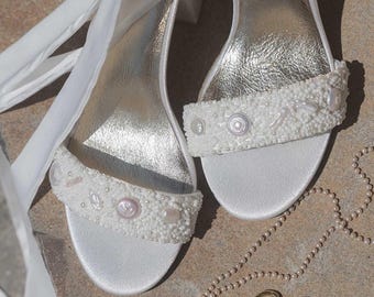 Hand-Beaded Pearl Bridal Shoes, White Satin Low Heel Wedding Sandals