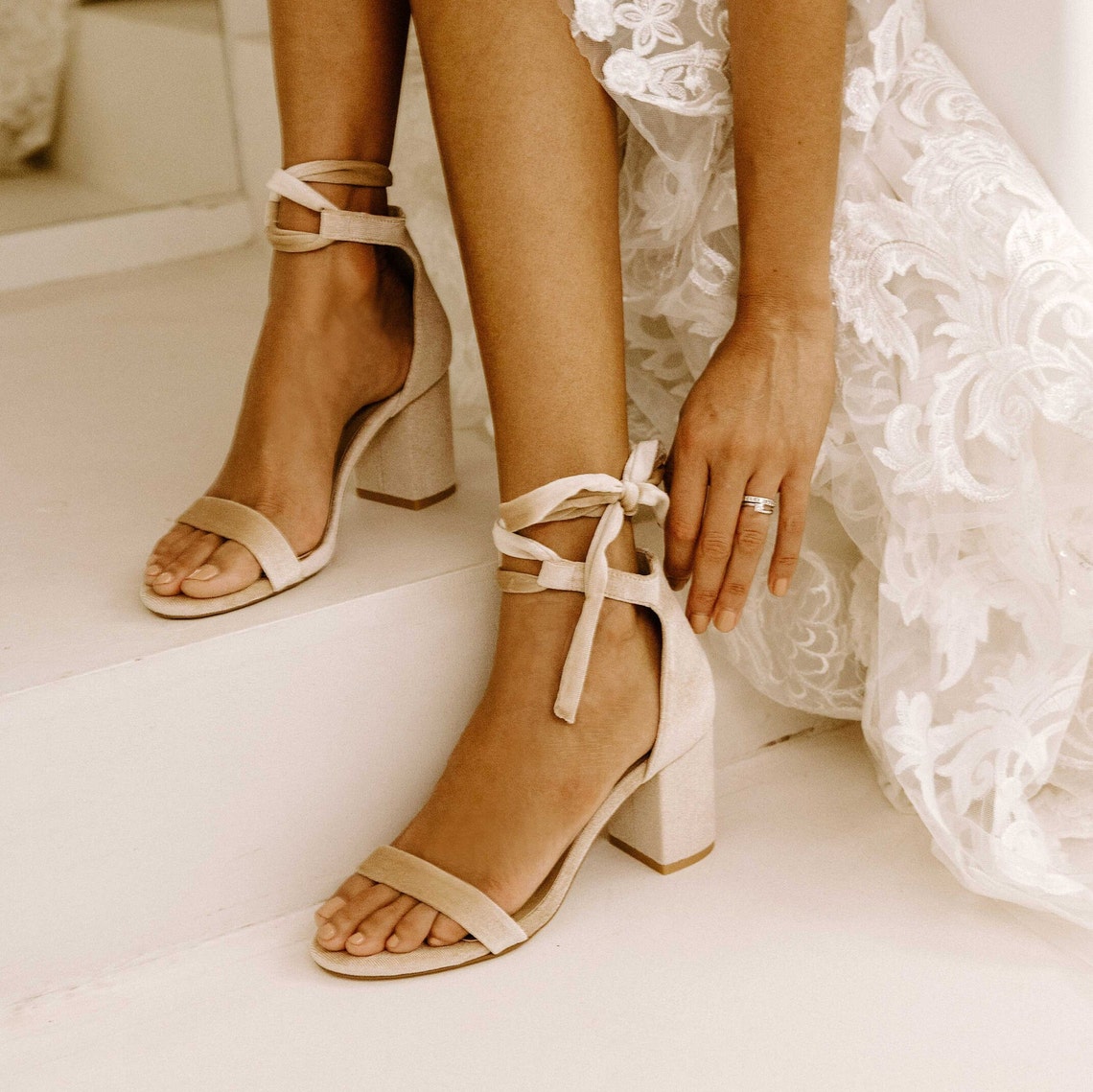 Champagne velvet wedding shoes nude bridal shoes nude image 3